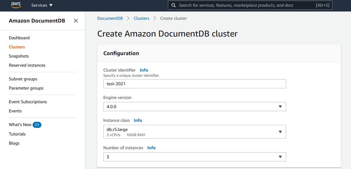 Formulario de opciones de configuración para crear un clúster de Amazon DocumentDB.