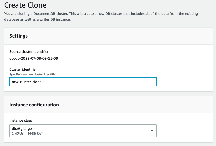 La creación de un clon comienza seleccionando su clúster de Amazon DocumentDB y especificando el tamaño de la instancia de base de datos.