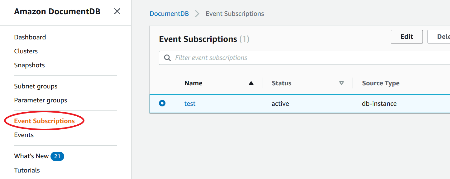 Panel de navegación de la consola Amazon DocumentDB con la opción Suscripciones a eventos resaltada.