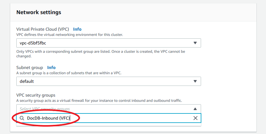 DocDB-Inbound VFC seleccionado en el menú desplegable de grupos de seguridad de VPC.
