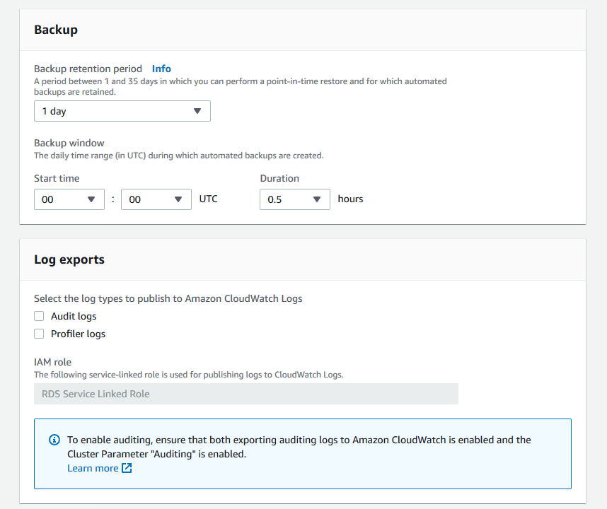 Copia de seguridad y formularios de exportación de registros con las opciones predeterminadas seleccionadas.