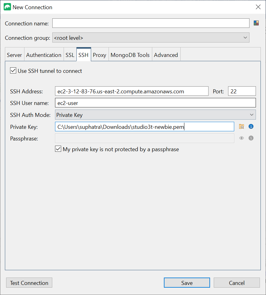 Pestaña SSH de la interfaz Conexión nueva con las credenciales del túnel SSH introducidas.