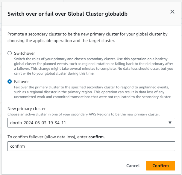 Imagen: cuadro de diálogo de transición o conmutación por error de clúster global.