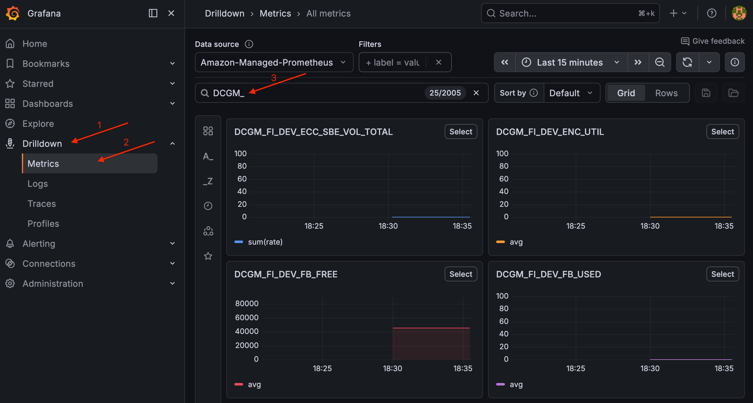 Página de métricas desglosadas de Grafana filtrada por DCGM_ que muestra las métricas de GPU, como DCGM_FI_DEV_ECC_SBE_VOL_TOTAL, DCGM_FI_DEV_ENC_UTIL, DCGM_FI_DEV_FB_FREE y DCGM_FI_DEV_FB_USED