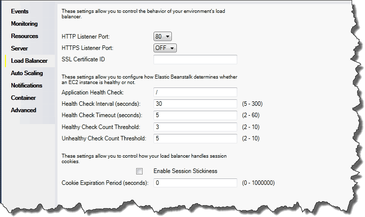 Panel de configuración de Elastic Load Balancing de Elastic Beanstalk