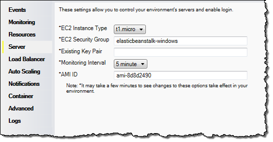 Panel de configuración de servidores de Elastic Beanstalk