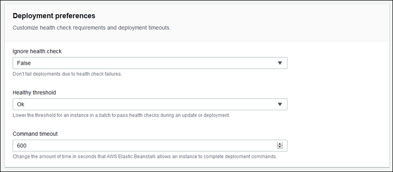 Página de configuración de implementaciones de aplicaciones Elastic Beanstalk