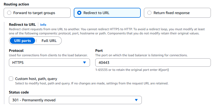 Regla que redirige la solicitud a una URL que usa el protocolo HTTPS y el puerto especificado (40443), pero mantiene el dominio, la ruta y los parámetros de consulta originales de la URL de origen.