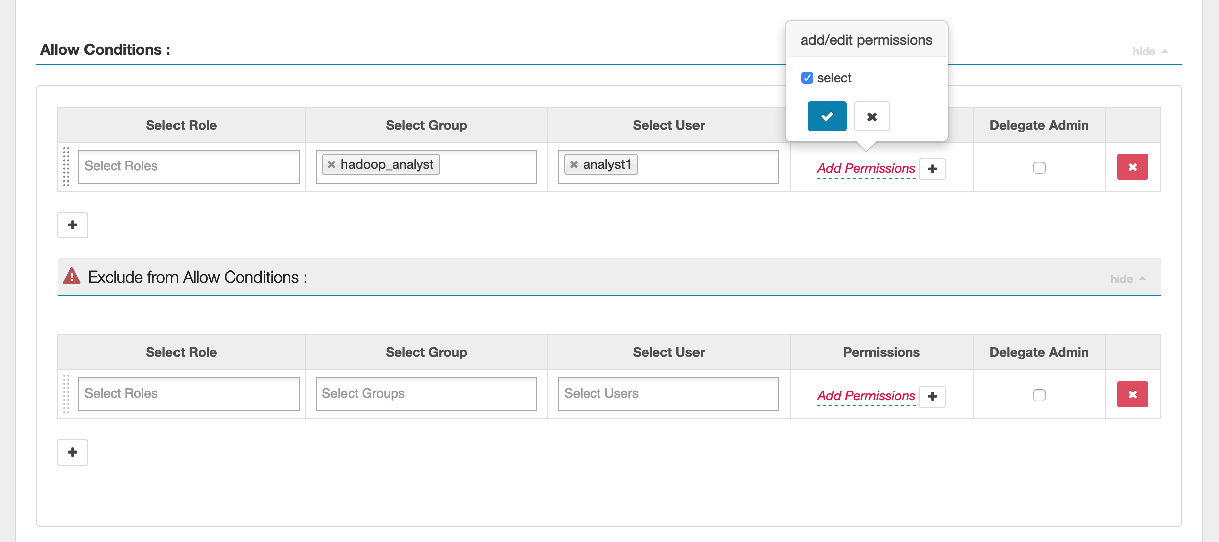 Los detalles de la política de Spark SQL de Ranger Admin permiten condiciones.