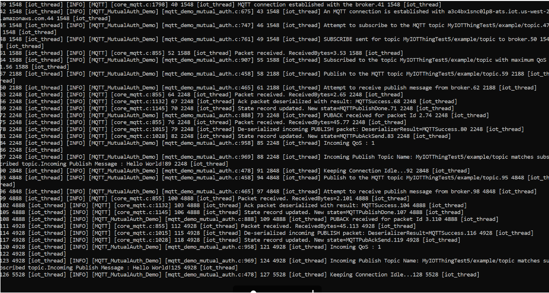 Salida del terminal de demostración MQTT tras una finalización correcta