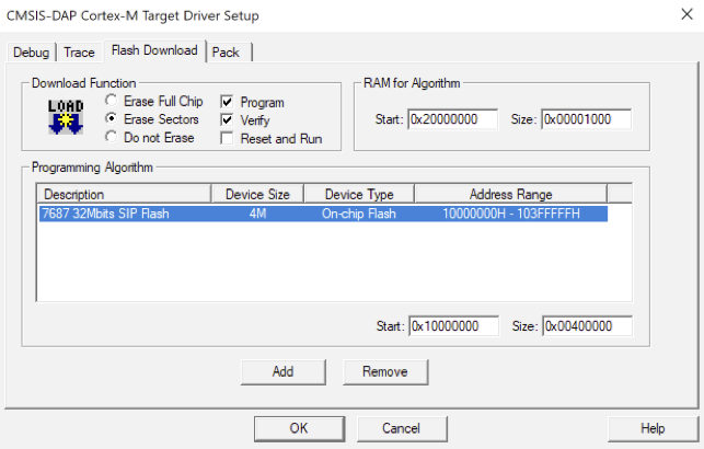 Ventana de configuración del controlador Cortex-M Target con opciones para la función de descarga, la RAM para el algoritmo, la descripción del algoritmo de programación y los detalles del dispositivo.