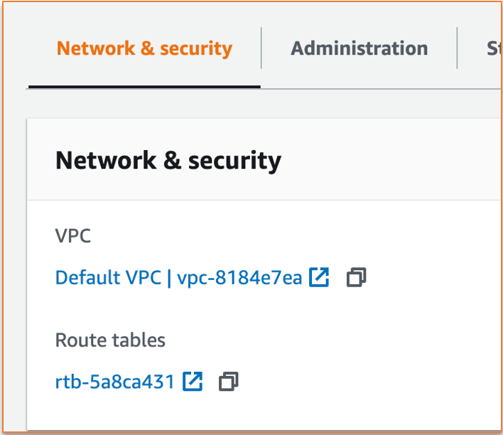 La pestaña Red y seguridad de la FSx consola de Amazon.