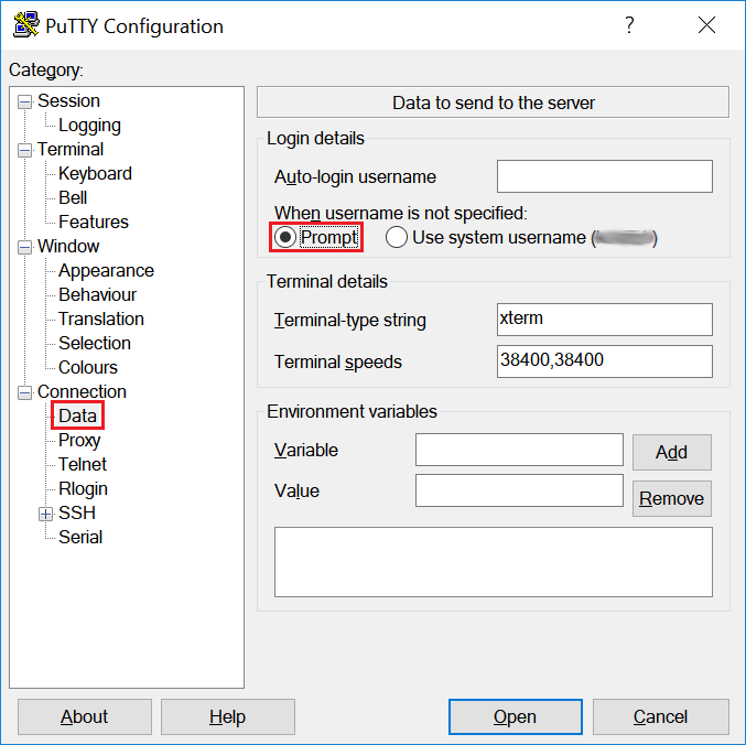 Ventana de PuTTY con Prompt seleccionado.