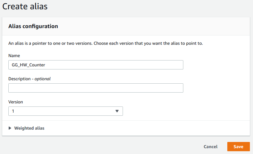 Cree una imagen de alias con el campo Nombre configurado como GG_HW_Counter y el campo Versión configurado en 1.