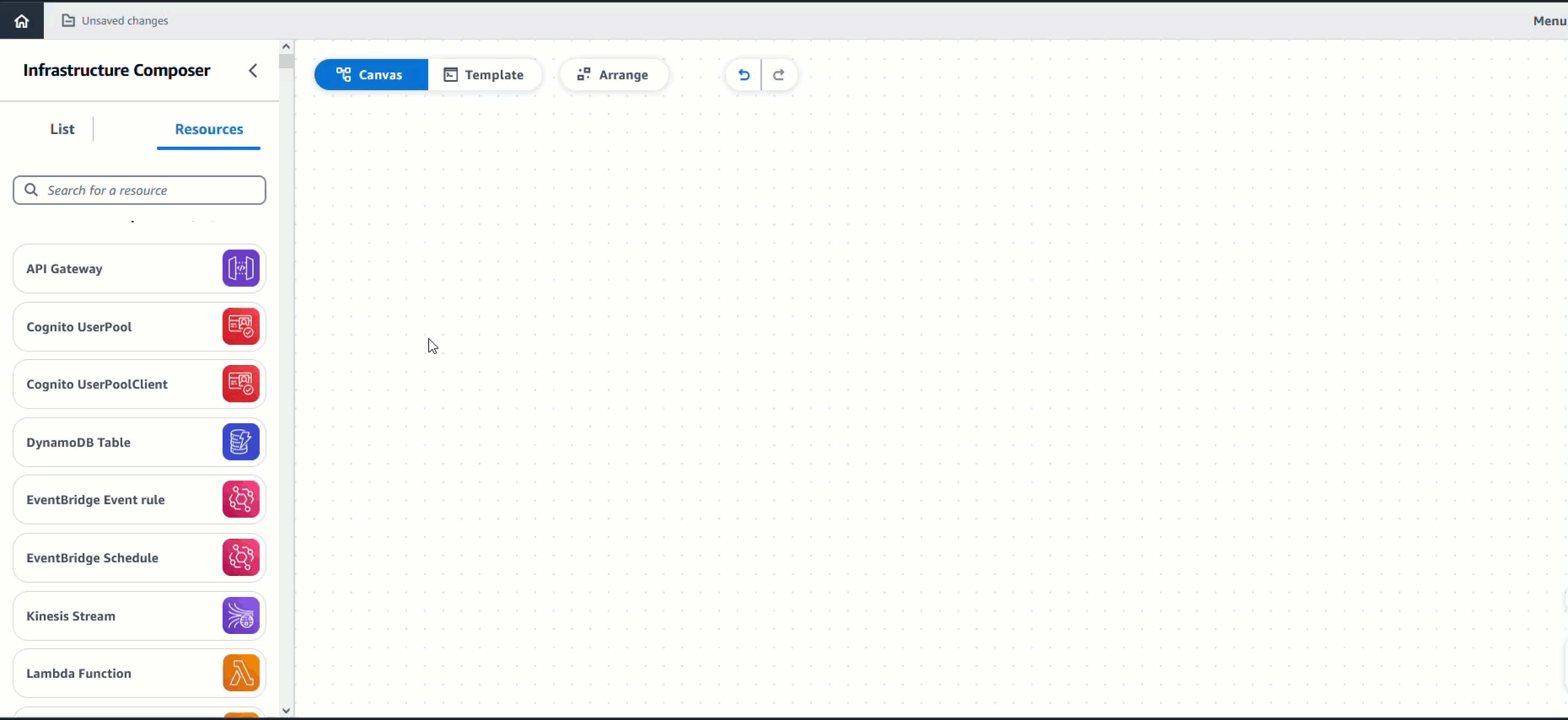El lienzo de Infrastructure Composer con una API API Gateway no conectada, una función Lambda y una tabla de DynamoDB.