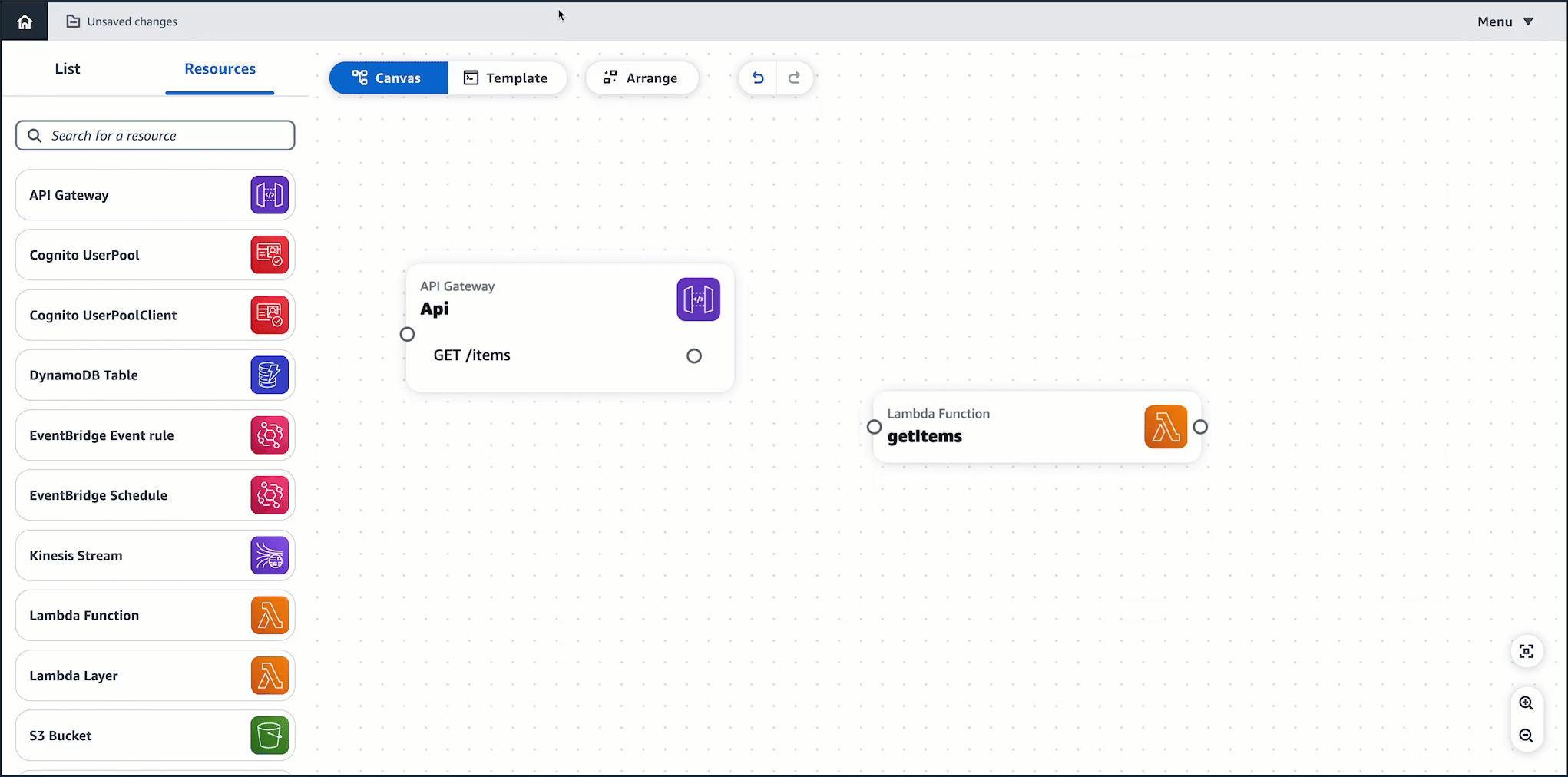 Seleccione un puerto de una tarjeta de recursos y conéctelo a otra tarjeta de recursos en el lienzo de Infrastructure Composer.