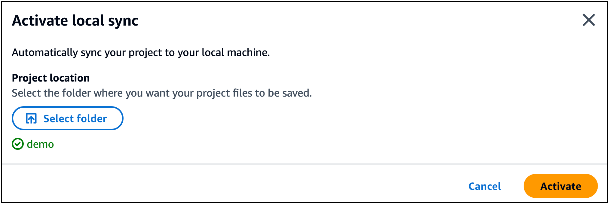 Aparece la ventana de sincronización local Activate de Infrastructure Composer con una carpeta de proyecto de demostración seleccionada y el botón Activar listo para ser seleccionado.