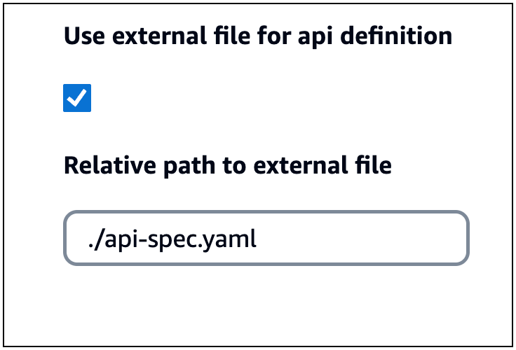 Una ventana que muestra la casilla de verificación marcada en Usar un archivo externo para la definición de la API y una ruta relativa a un archivo externo definido.