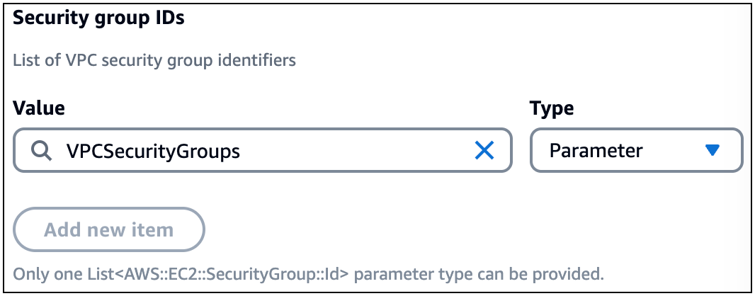 Se proporciona un tipo de parámetro de VPCSecurityGroups lista denominado para el tipo de parámetro del campo ID del grupo de seguridad de una tarjeta de función Lambda.