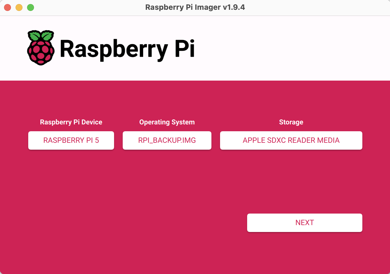 Pantalla de configuración del Raspberry Pi Imager que muestra las selecciones de dispositivo, sistema operativo y almacenamiento