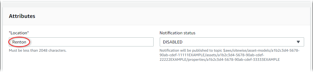 AWS IoT SiteWise Captura de pantalla de la página «Editar activo» con un valor de atributo resaltado.