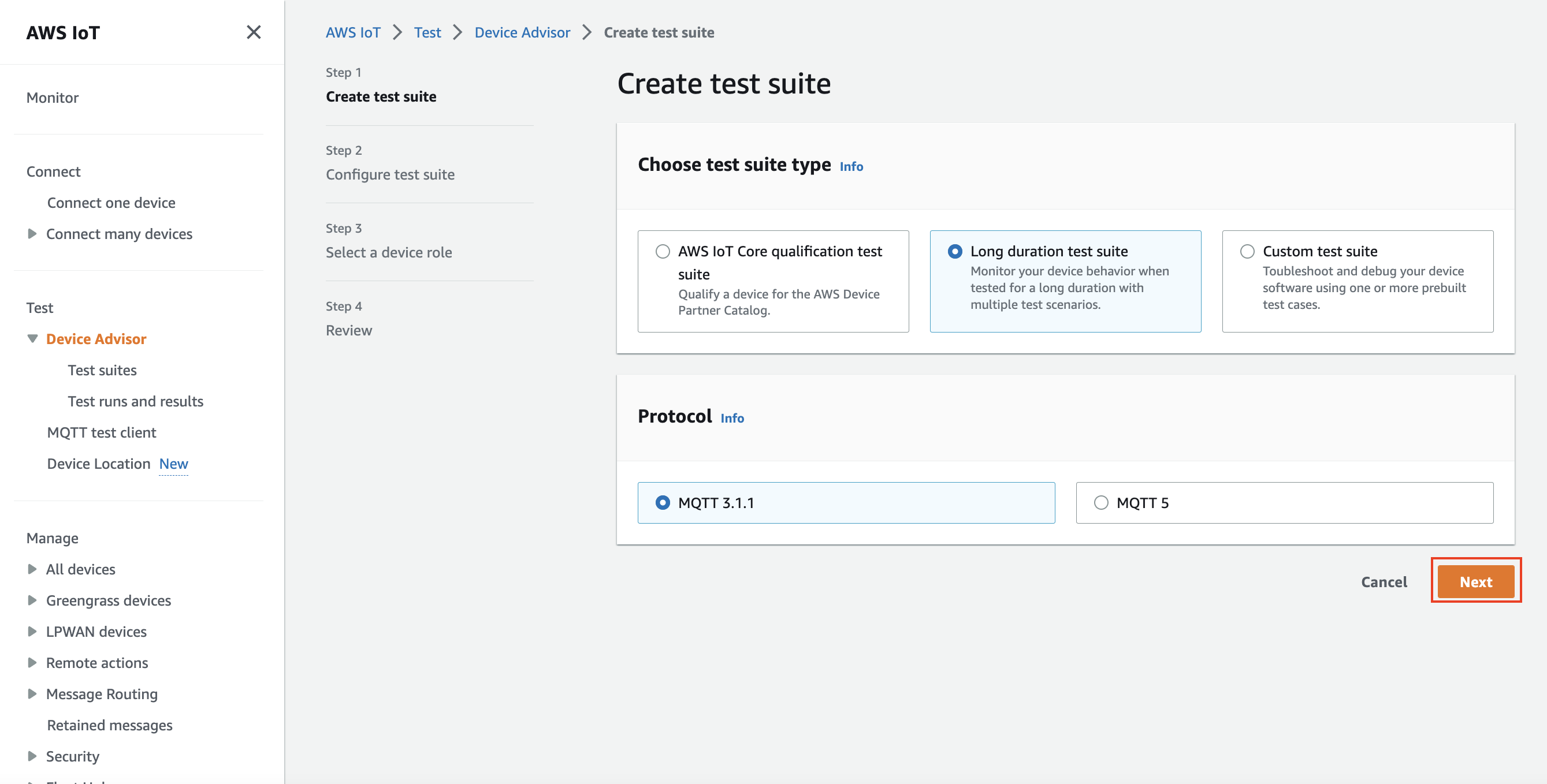 El paso Crear conjunto de pruebas de la consola de Device Advisor.