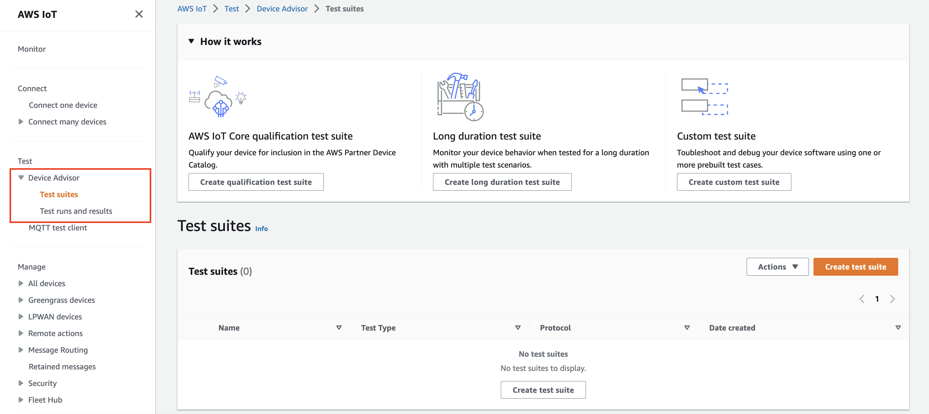 La interfaz de Device Advisor ofrece opciones para crear conjuntos de pruebas para los dispositivos aptos y ejecutar pruebas de larga duración y conjuntos de pruebas personalizados.