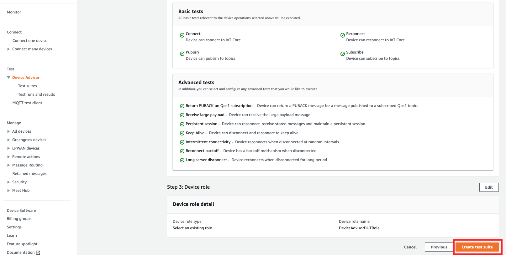 Página de configuración donde puede ver todos los detalles de Device Advisor.