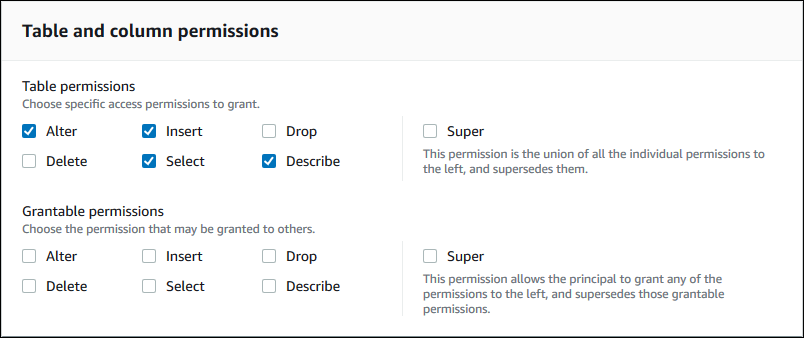 La sección de permisos de tabla y columna tiene dos subsecciones: permisos de tabla y permisos concedibles. Cada subsección tiene una casilla de verificación para cada posible permiso de Lake Formation, como alterar, insertar, eliminar, borrar, seleccionar, describir y super. El permiso super está a la derecha de los demás permisos, y tiene una descripción: "Este permiso permite a la entidad principal conceder cualquiera de los permisos situados a la izquierda, y sustituye a los permisos concedibles".