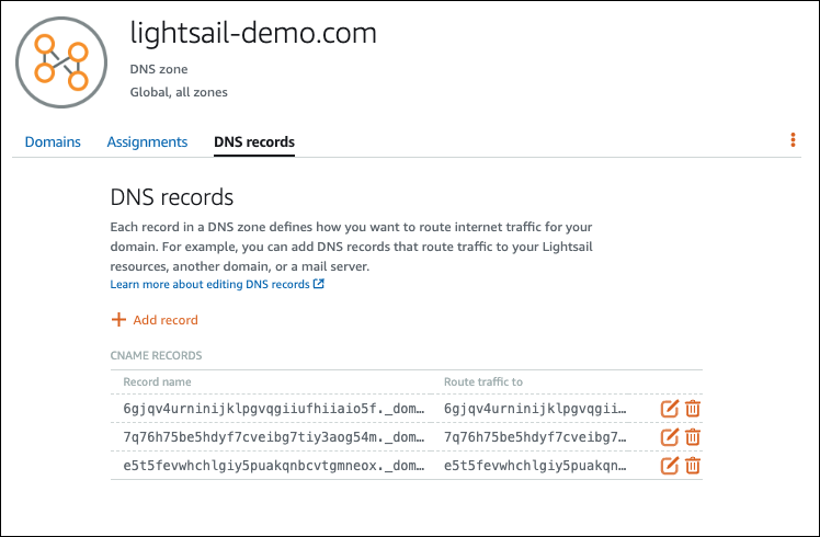 Registros de zona DNS de Lightsail para Amazon SES SMTP.