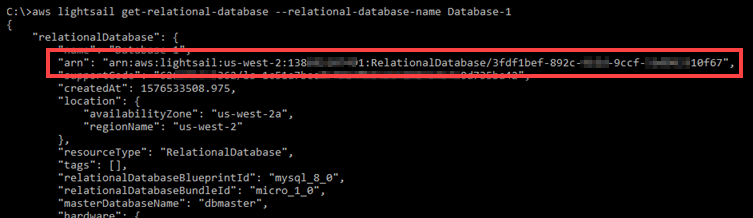 Un ARN de base de datos en los GetRelationalDatabase resultados.