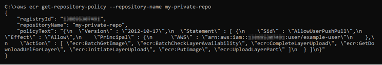 Respuesta al get-repository-policy comando de un repositorio privado que tiene una declaración de política