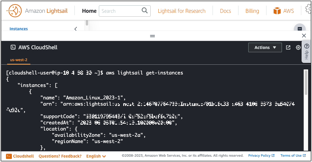 Resultado del comando API get instances de Amazon Lightsail.