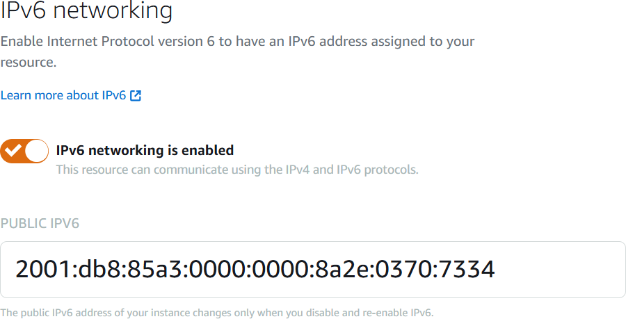 IPv6 Dirección de la instancia en la pestaña Redes de la página de administración de instancias.
