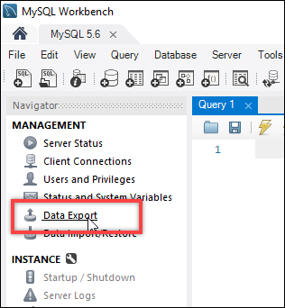 Opción de exportación de datos en MySQL Workbench