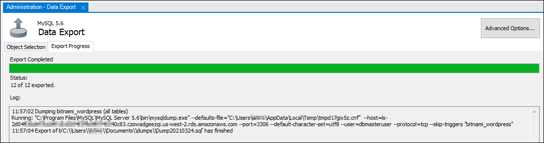 Progreso de la exportación en MySQL Workbench