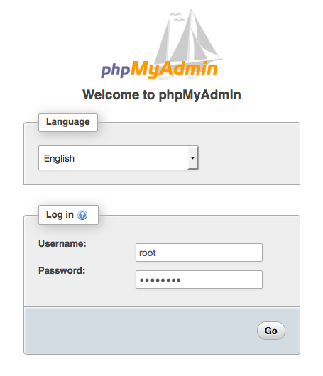 El resultado de escribir la URL de la phpMyAdmin instalación es la pantalla de inicio de phpMyAdmin sesión.