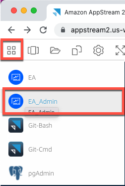 La AppStream versión 2.0 abre el menú selector con la herramienta de administración Rocket Enterprise Developer seleccionada.