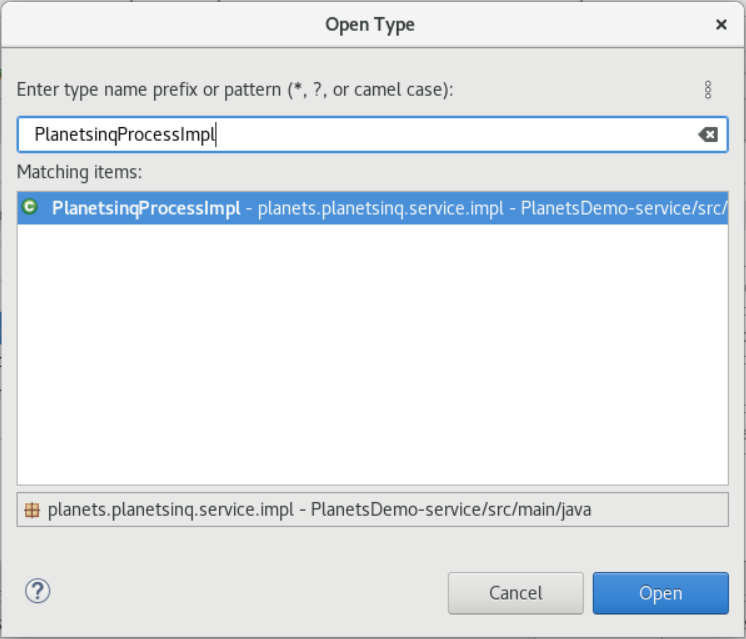 Se PlanetsinqProcessImpl ha introducido la ventana de diálogo Open Type de Eclipse.