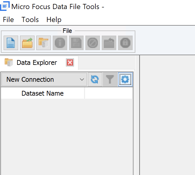Ventana de herramientas de archivos de datos de Micro Focus con la sección del explorador de datos.