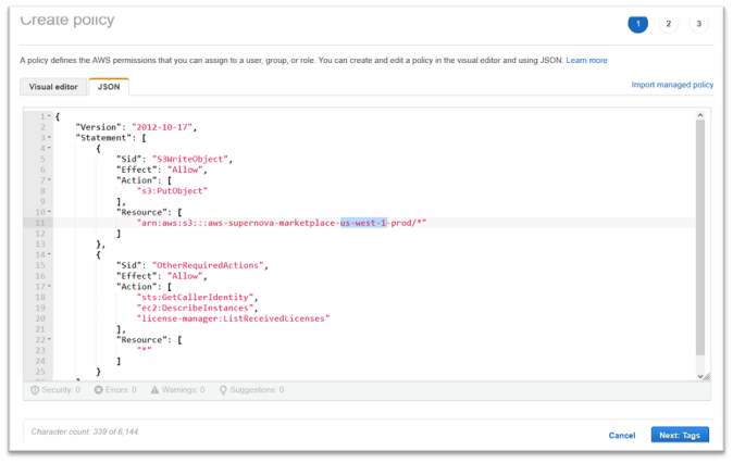 Pestaña JSON con la política especificada y us-west-1 resaltada.