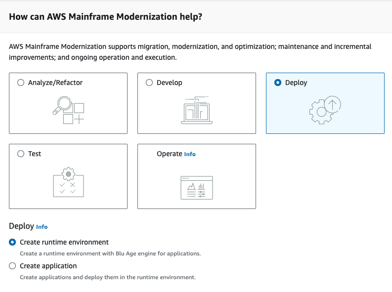 En la sección Cómo le gustaría empezar con la modernización del AWS mainframe, se seleccionó implementar y crear un entorno de ejecución.