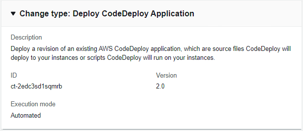 Deploy CodeDeploy Application settings with ID, version, and execution mode details.