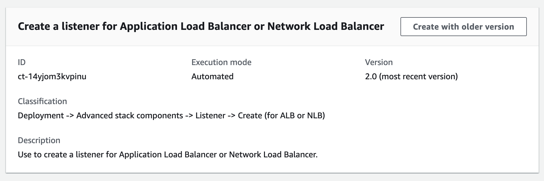 Form to create a listener for Application Load Balancer or Network Load Balancer with execution details.