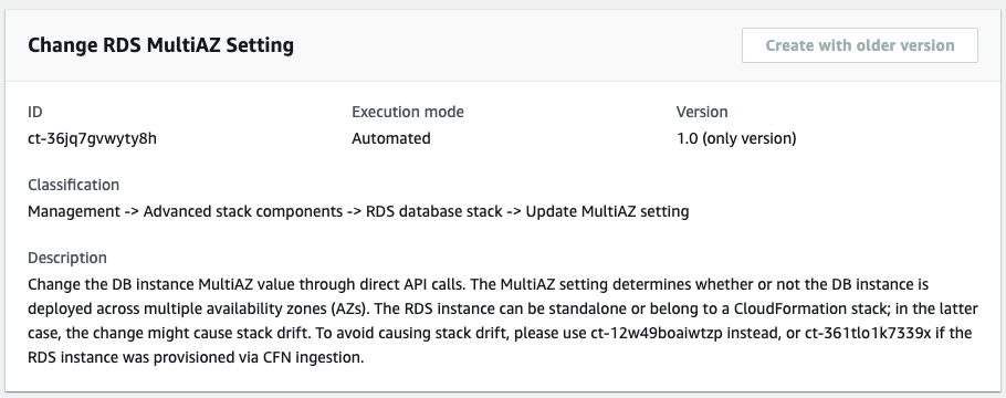 Cambio RDS MultiAZ Setting interface showing ID, execution mode, version, and description.
