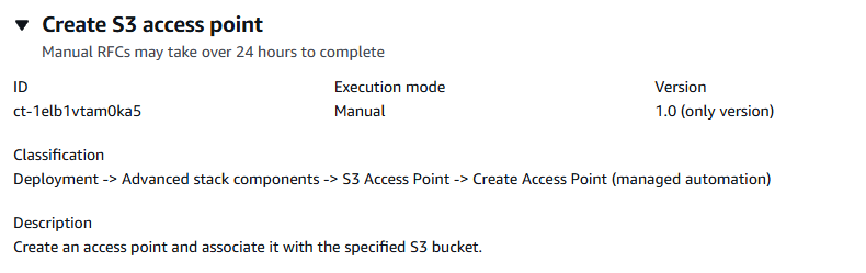 Cambio type details for creating an S3 access point, including ID, execution mode, and classification.