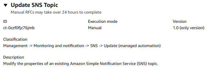 Update SNS Topic change type details including ID, execution mode, and description.