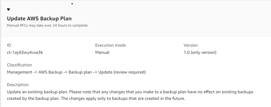 AWS Backup Plan update interface showing ID, execution mode, version, and description.