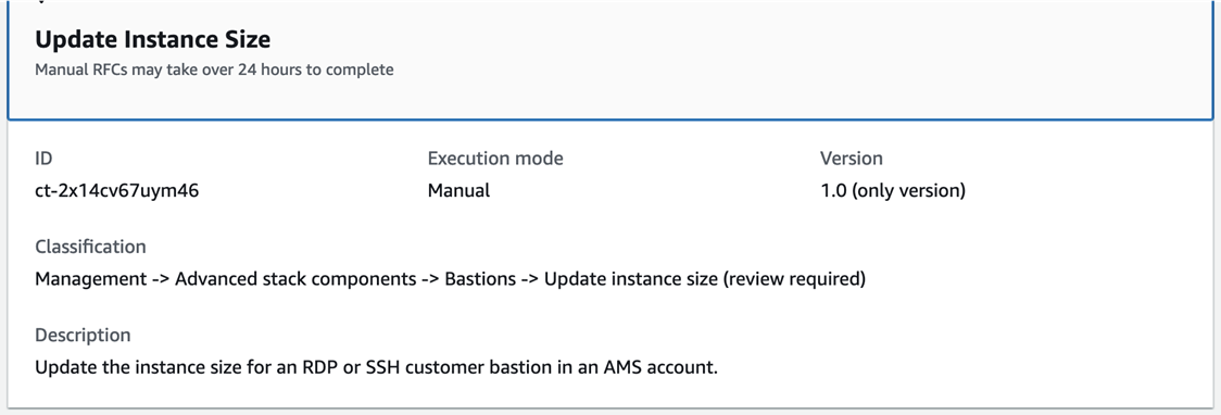 Update Instance Size interface showing ID, execution mode, version, and description details.