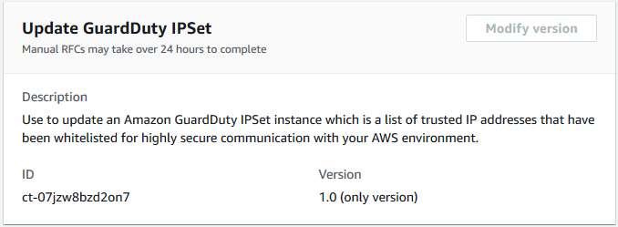 GuardDuty IPSet update interface showing description, ID, and version details.